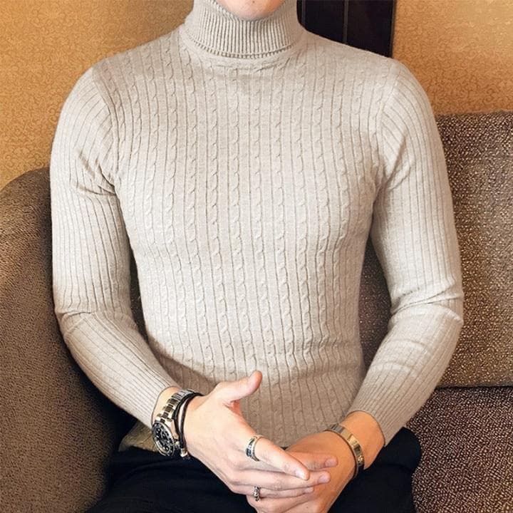 Autumn Winter Turtleneck Pullovers Warm Solid Color Men's Sweater Slim Pullover men Knitted sweater Bottoming Shirt Asia L beige