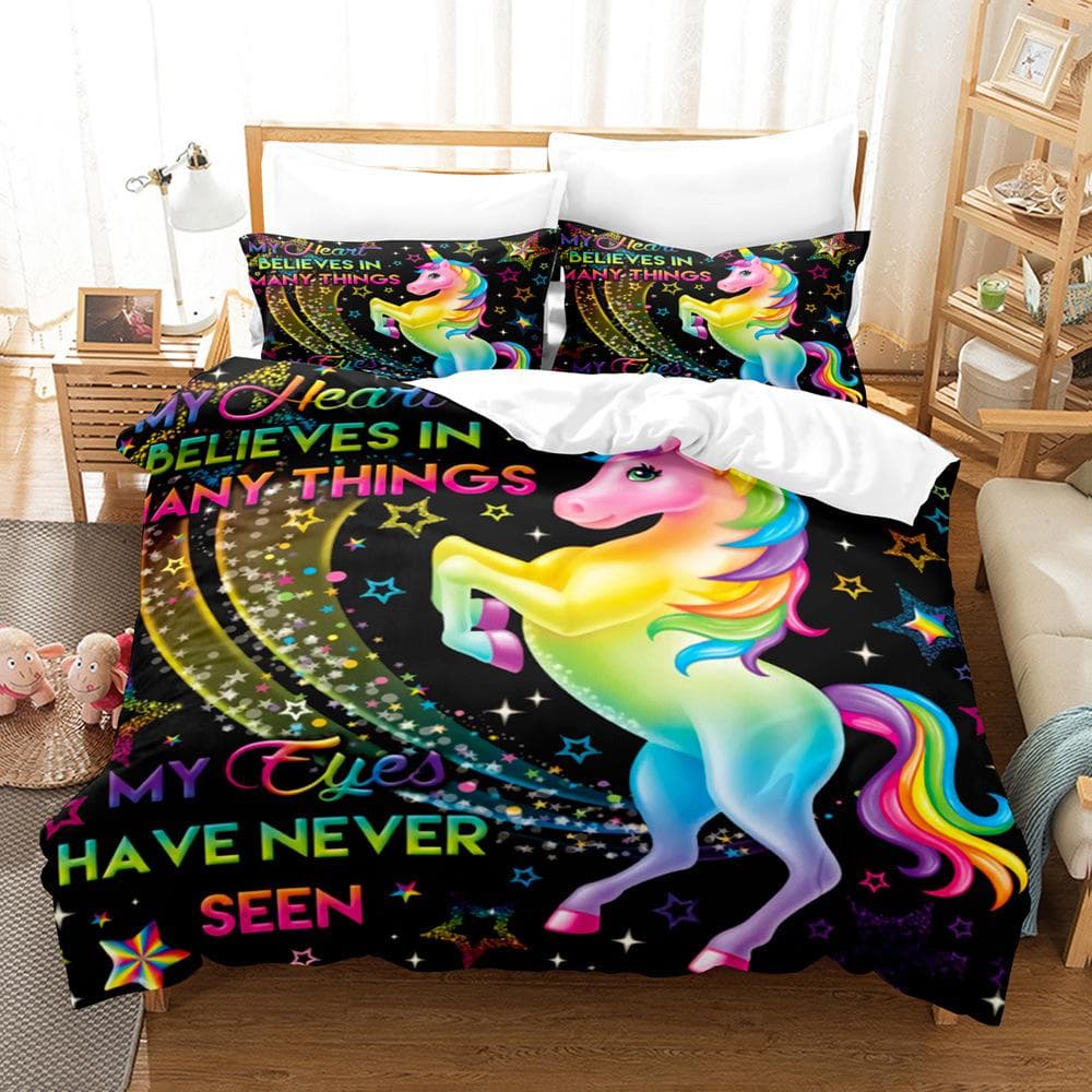 Kids Cartoon Unicorn Bedding Set Pink Polyester Bed Linen Gift For Kids Girls 2/3pcs Twin Single Queen King Size Duvet Cover Set EU single(135x200cm)