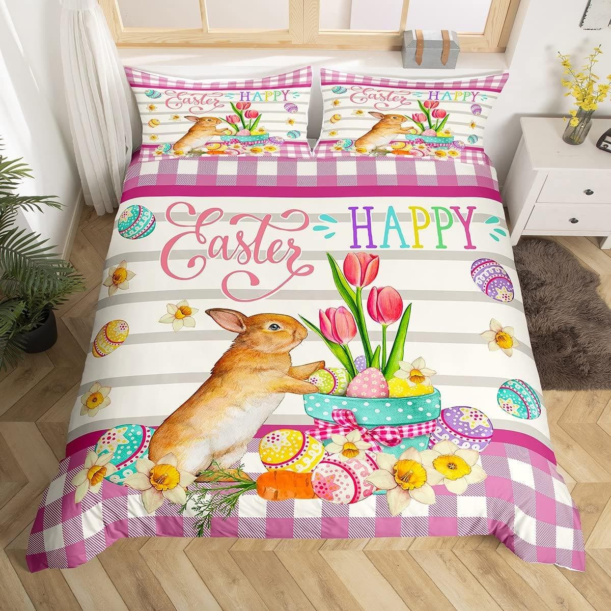 Pink Cherry Blossom Duvet Cover Happy Easter Theme Rabbit Ear Easter Eggs Bedding Set Polyester Butterfly Flower Comforter Cover EU single(135x200cm)