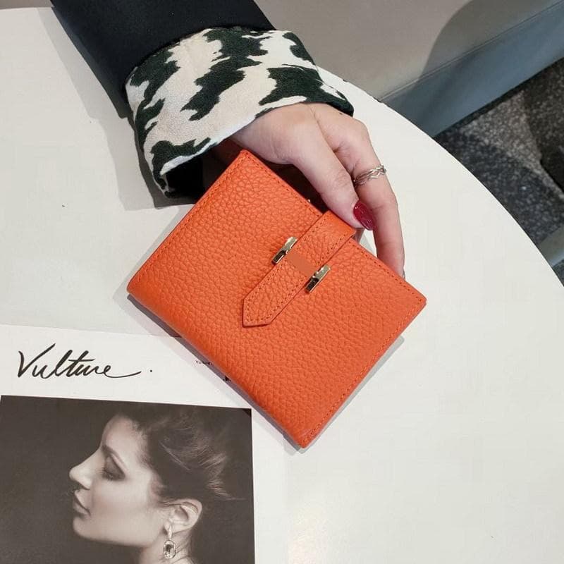 2025 Genuine Leather Women Wallets First Layer of Cowhide Short Purse Branded Design H Hasp Wallet Billfold Without Logo orange