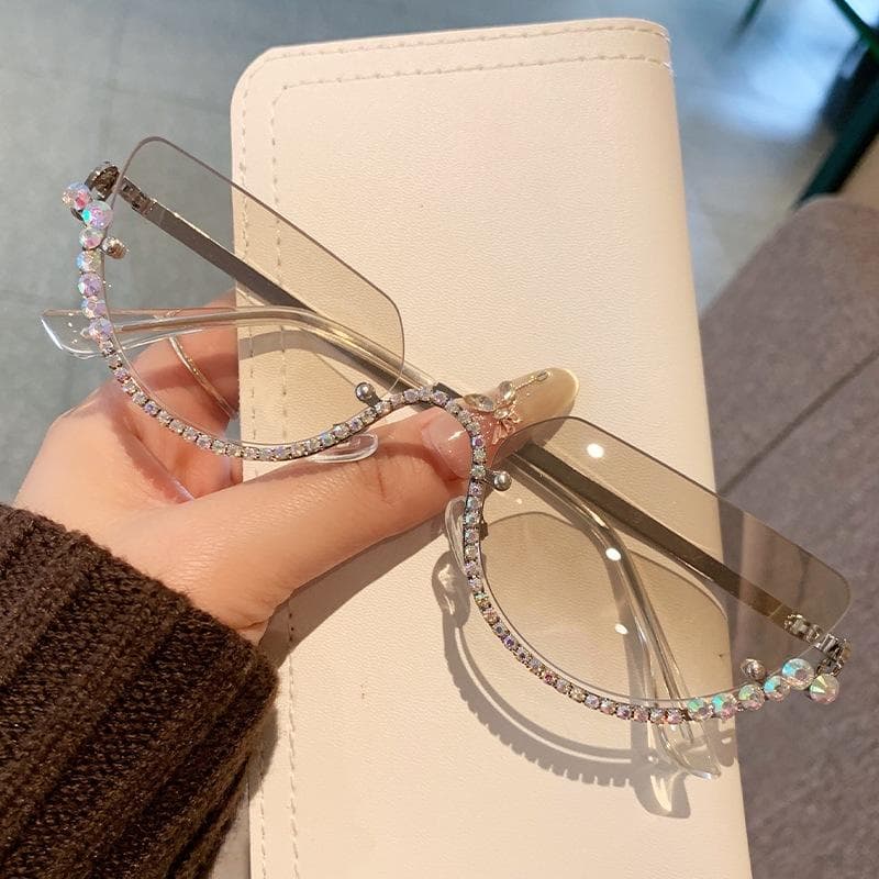 New Y2K Vintage Cat Eye Sunglasses Women Luxury Designer Punk Diamond Metal UV400 Half Frame Sun Glasses