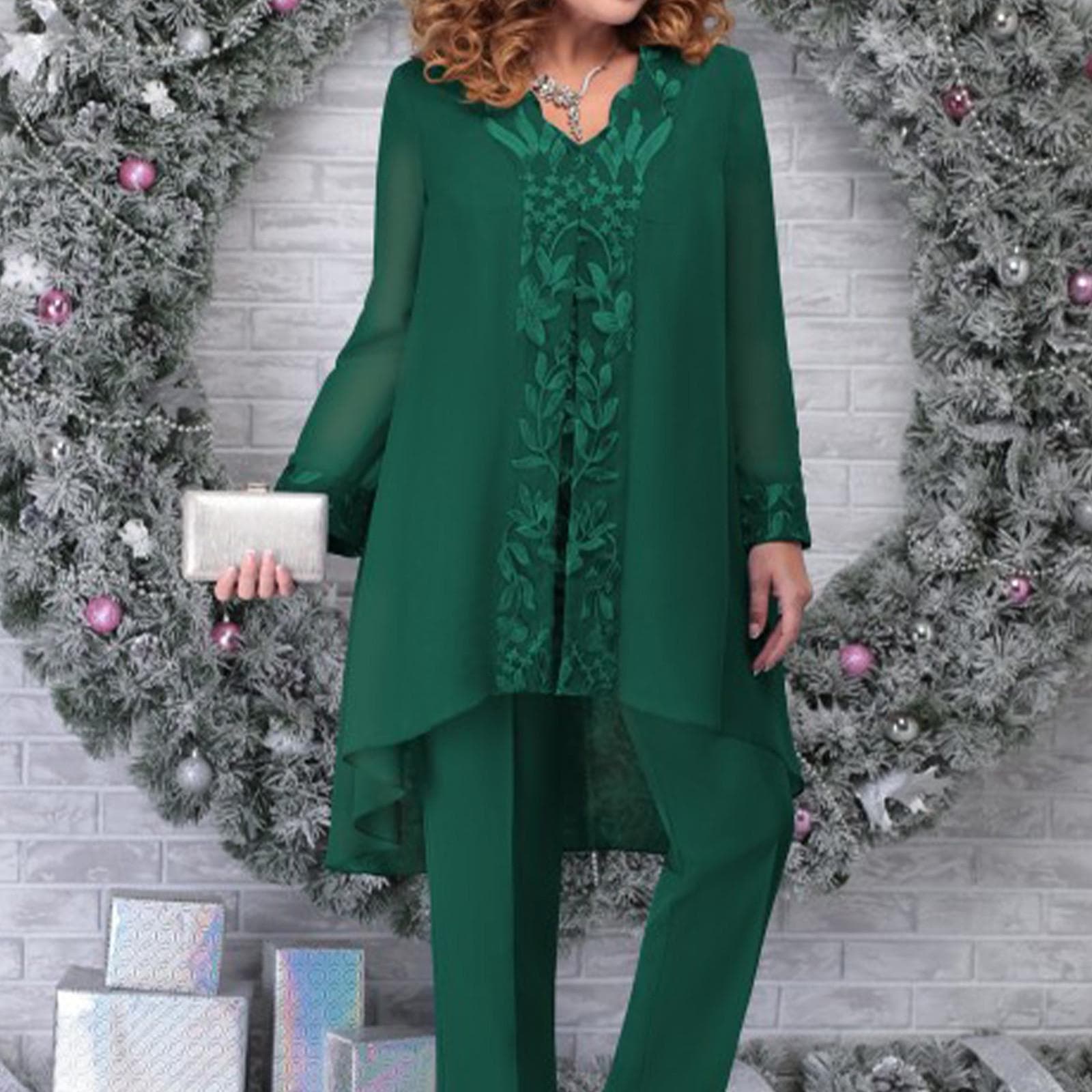 Women's 3-piece Evening Dress Patchwork Embroidered Temperament Commuting Slim Fit Set Cocktail Suit L dark green