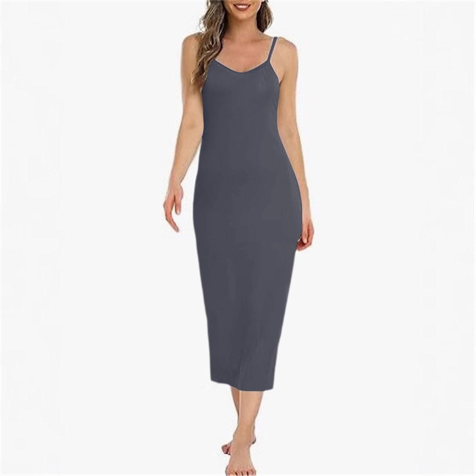 Women Long Slip Dress Basic Adjustable Spaghetti Straps Cami Slip Dress Soft V Neck Nightgown Under Dresses M