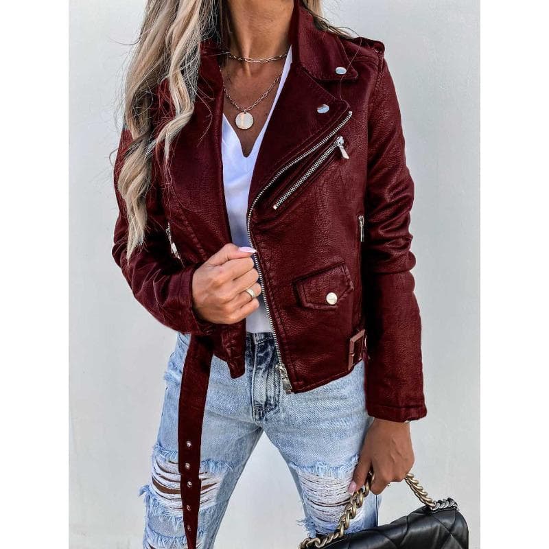 Women's New Spring and Summer Jacket PU Leather Jacket Short Zipper L