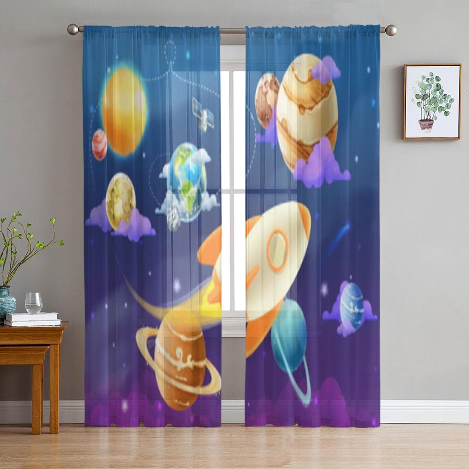 Children Cartoon Space Rockets Planets Stars Universe Night Sky Sheer Curtains for Room Bedroom Window Voiles Tulle Curtain 135W x 114H(cm)