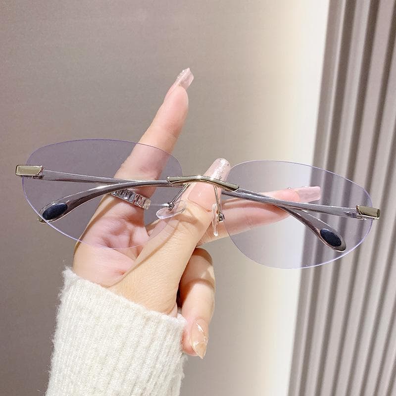Y2k Cat Ear Rectangle Metal Sunglasses UV400 Grey Lens Frameless Retro Trendy Eyewear for Men Women Fashion Square Sun Glasses