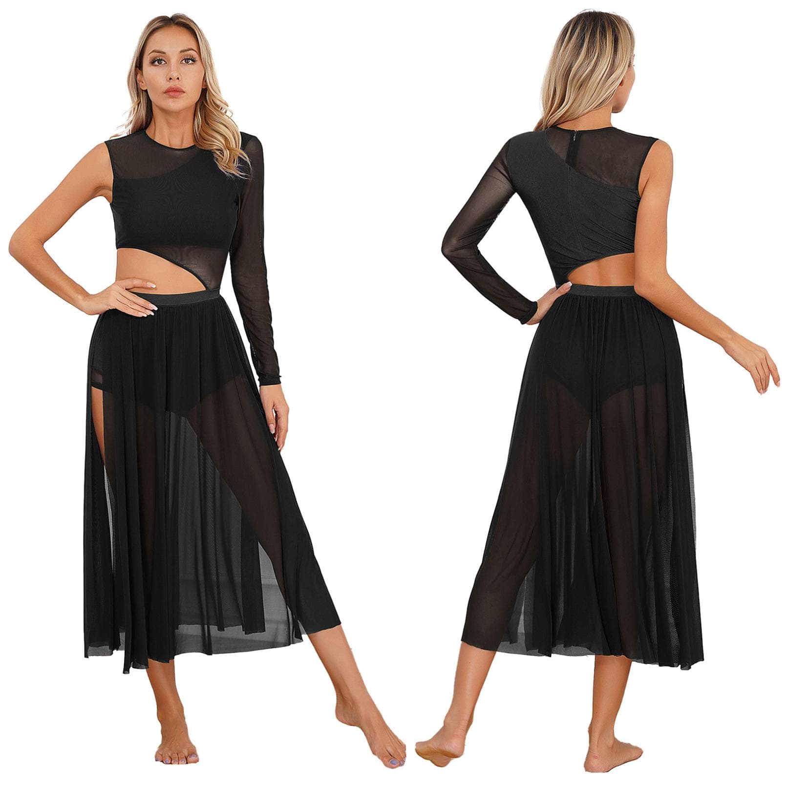 Women Lyrical Modern Contemporary Dance Leotard Patchwork Side Split Mesh Dress Flowy Costume L black