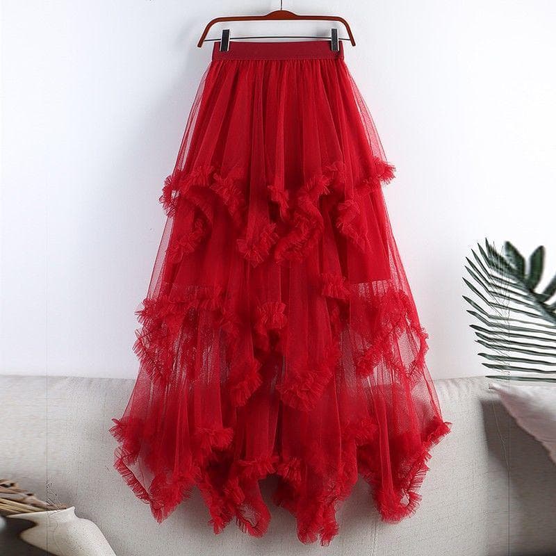 2026 Spring-Summer Women's High-Waisted Irregular Mesh Ruffle Layered Long Skirt One Size red
