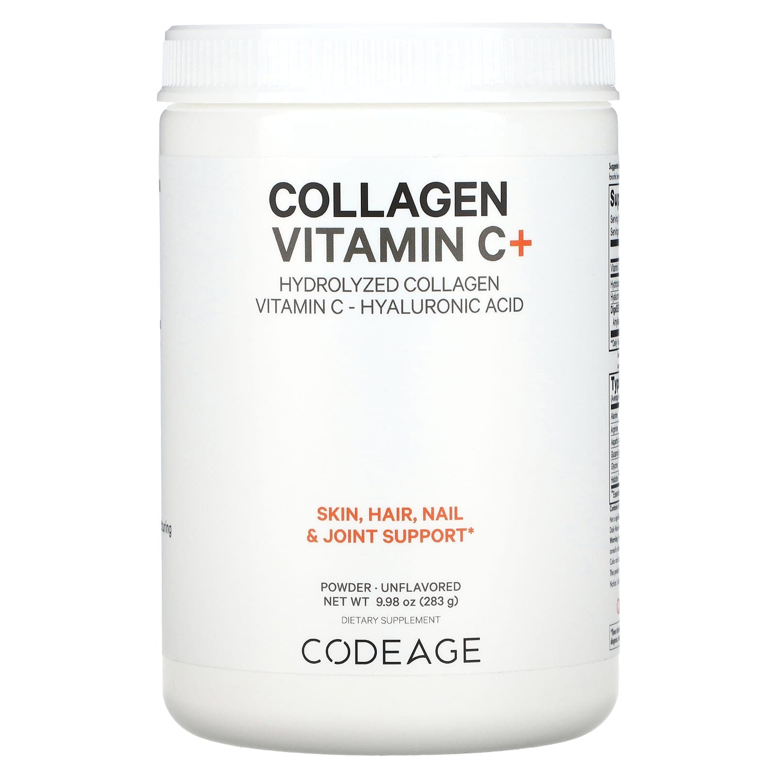 Codeage, Collagen Vitamin C + Powder, Unflavored, 283g (9.98oz)
