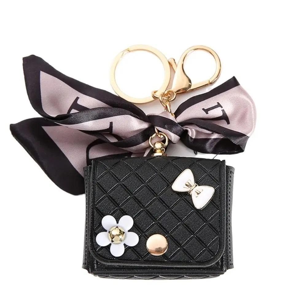 Fashion Leather Earphone Storage Bag Mini Creative Keychain Solid Color Pendant Earphone Case Bluetooth Headset Cover black