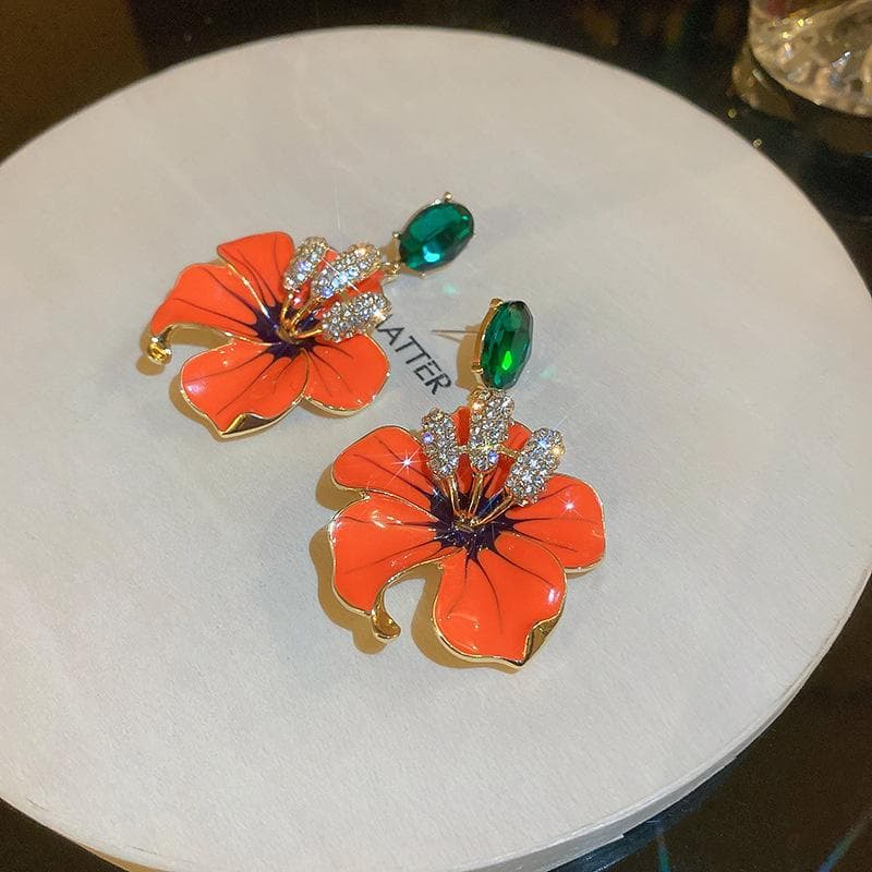 Korean style Orange Enamel Flowers Drop Earrings for Women Girls Green Crystal Dangle Earrings Party Jewelry orange