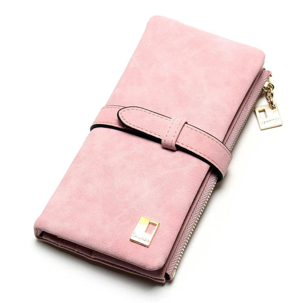 Women Wallet Vintage Solid Long Nubuck Matte Leather Money Clip Clutch Brands Designer Wallets Purse pink