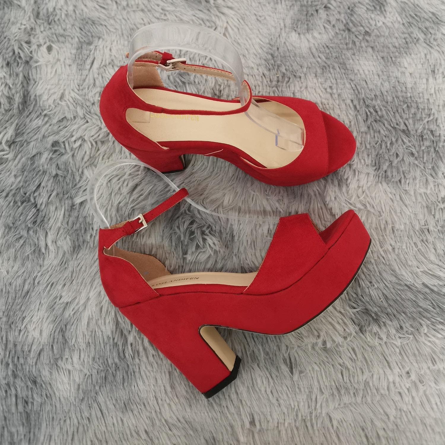 Summer Ankle Strap Sandal 12cm Women Pumps Sexy Peep Toe Square High Heels Woman Shoes Flock Platform Wedding Shoes 40 red