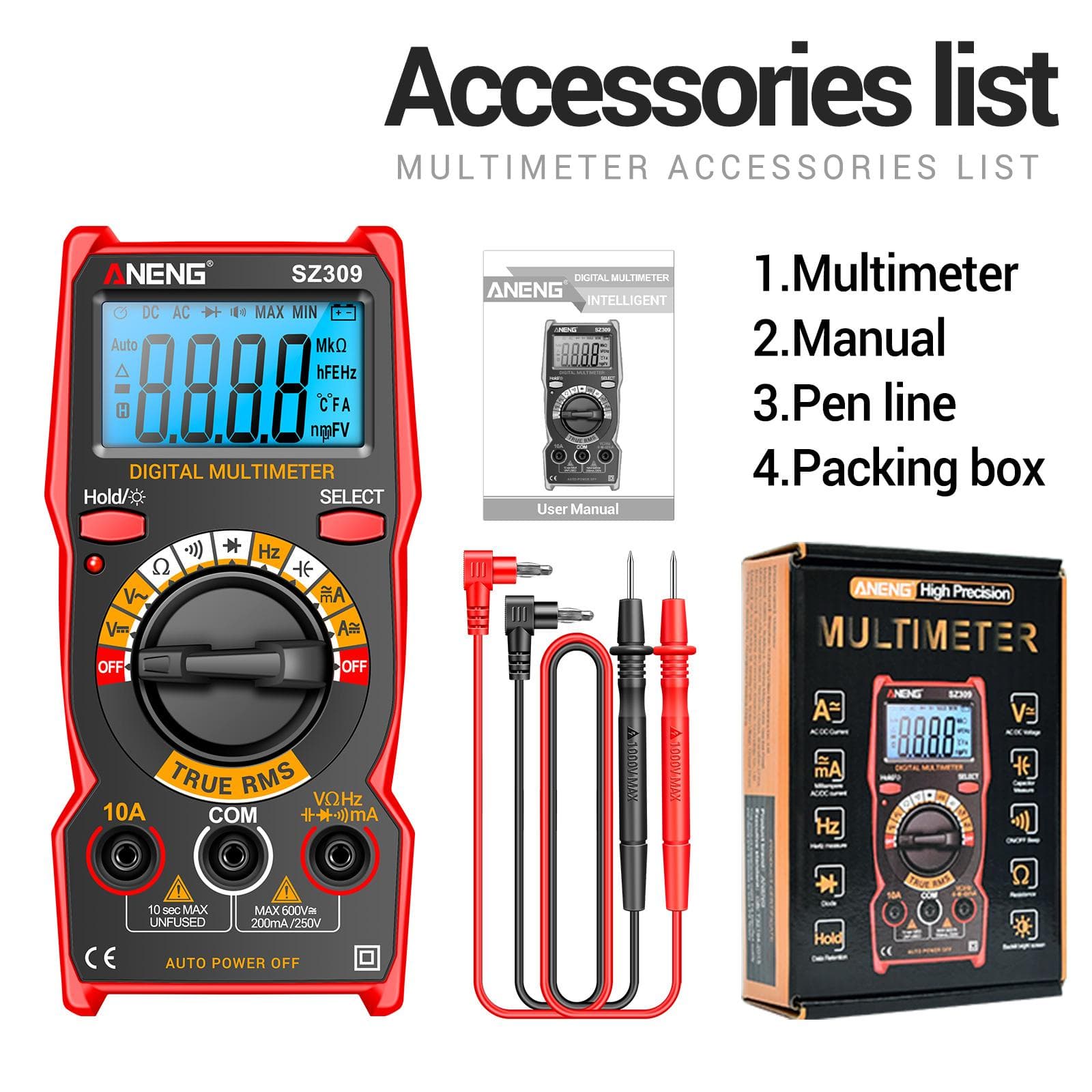 ANENG SZ309 Smart Multimeter 1999 Count High Precision Electrical Tester LCD Backlight ACDC red