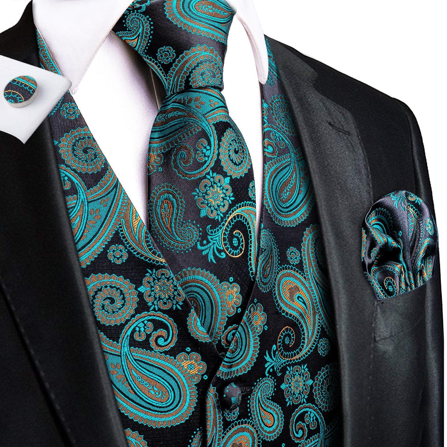 Hi-Tie Tuxedo waistcoat for Men Suit Vest Necktie Handkerchief Cufflinks Set for Wedding Business XL