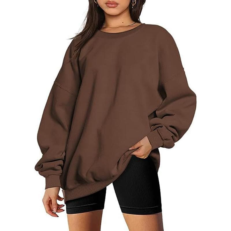 Women and Men Round neck Pullover Sweatshirt Solid Color Oversized Loose Casual Fleece Sweatshirt 3XL coffee