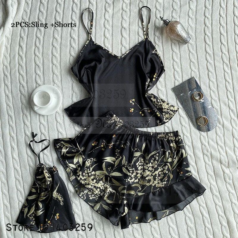 New Female 4PCS Pajamas Set Spring Summer Satin Sleepwear Intimate Lingerie Print Cherry Flower Nightgown Loose Home Clothes S