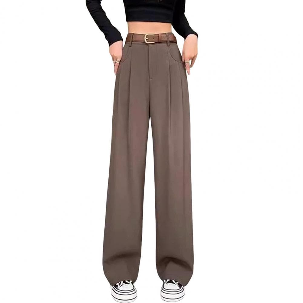 Women Long Pants Button Zipper Fly High Waist Office Lady Trousers with Pockets Solid Color Straight Wide Leg Suit Pants S coffee