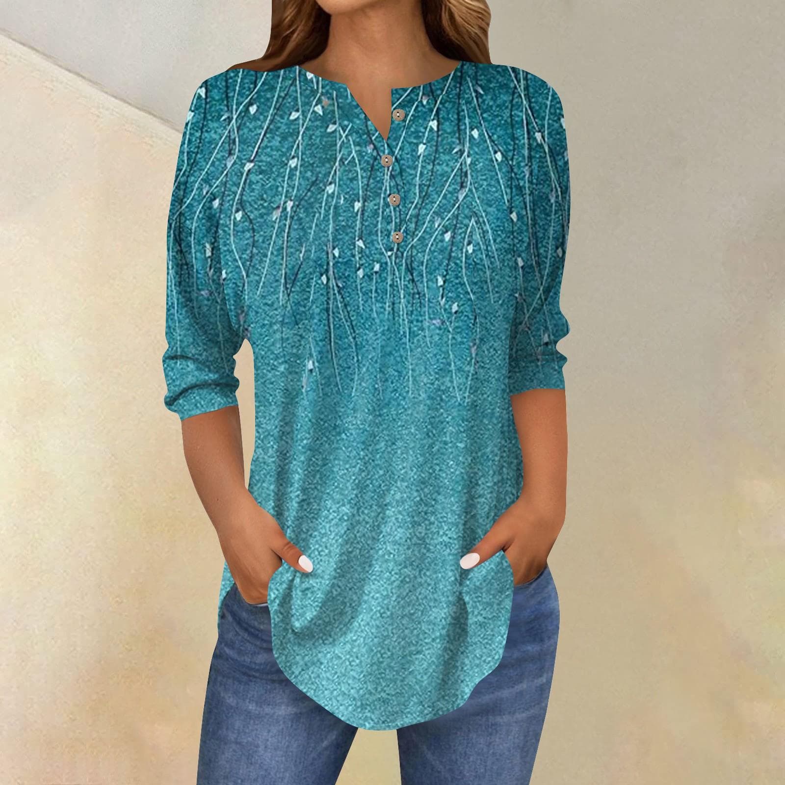 Women's Casual 3/4 Sleeve Shirts Fashion St Patrick's Print Tunic Tops With Pockets XXXL blue