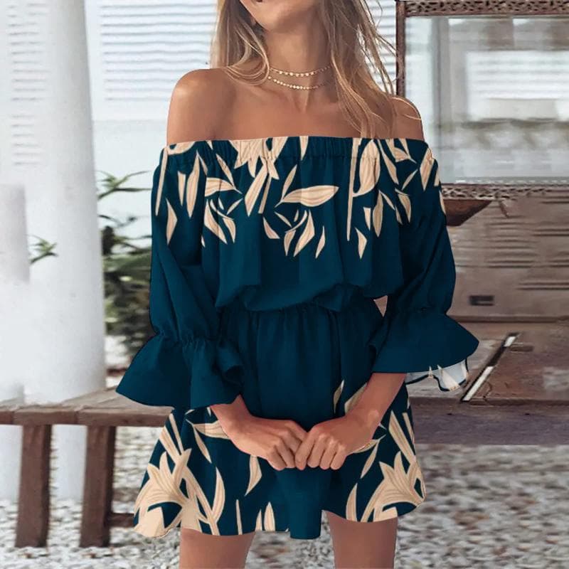 Women Floral Print Mini Dresses Summer Sexy Off Shoulder Flare Sleeve Tunic Dress Female Casual Boho Beach Dress 3XL blue