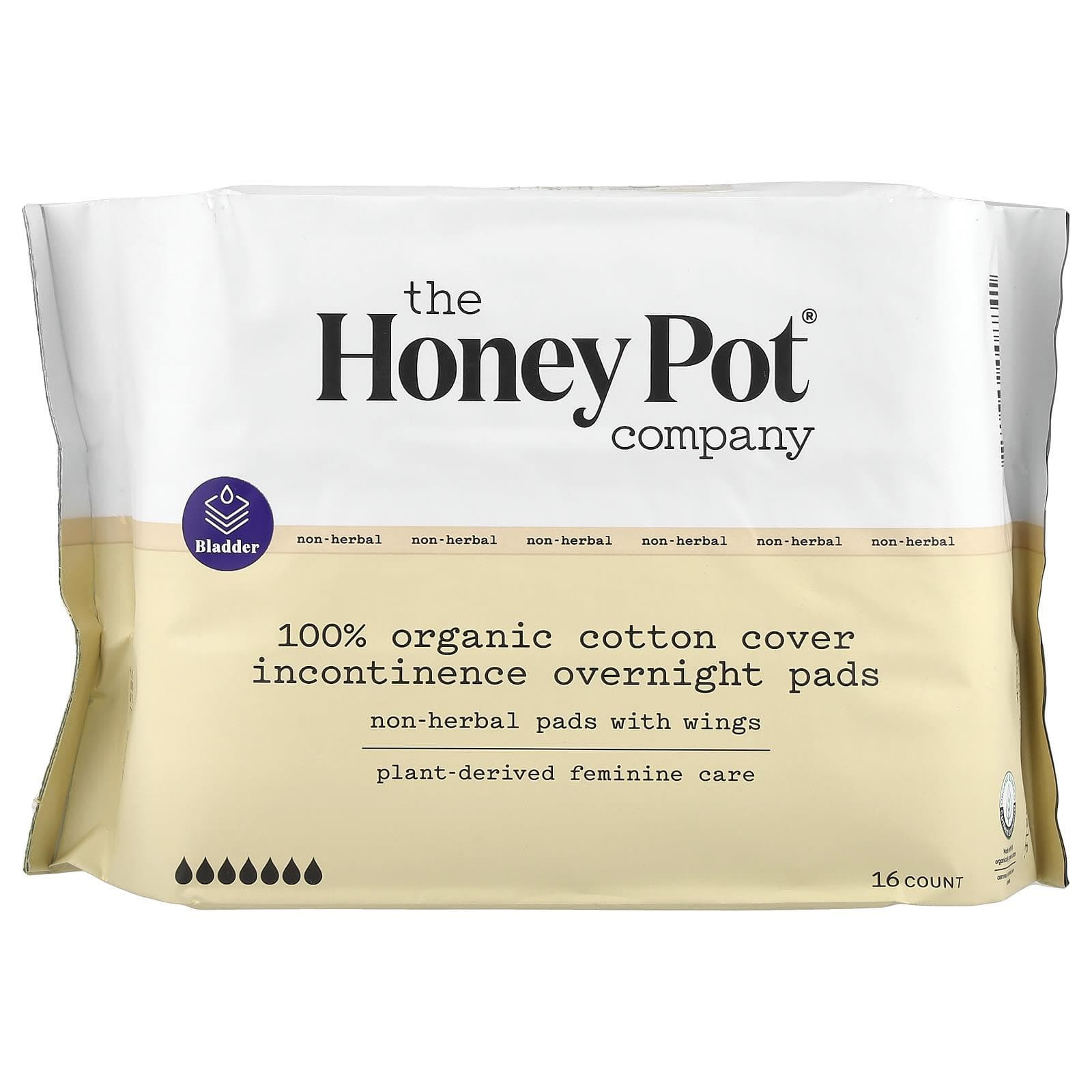 The Honey Pot Company, Herb-Free Winged Cotton Pads, Organic Incontinence Overnight, 16 Count
