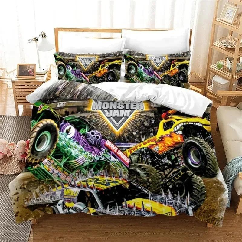 Cartoon Monster Truck Cool Vehicle Off Road Vehicle Bedding Set Boys Girls Twin Queen Size Duvet Cover Pillowcase Bed Kids Adult 135x200cm 2pcs