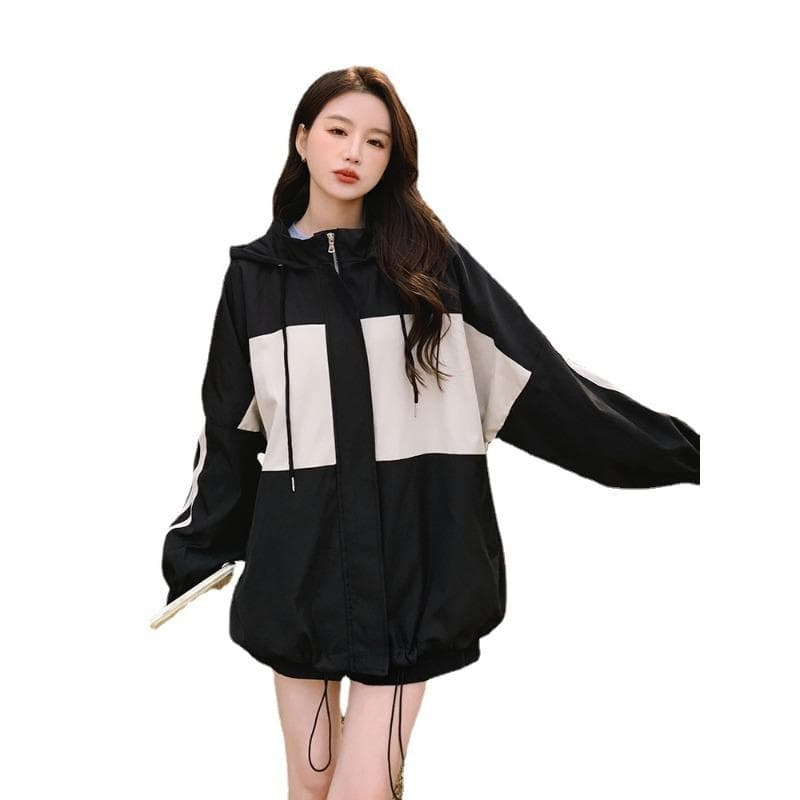 Black and White Work Jacket Women's Spring New Loose Small Hooded Jacket XL