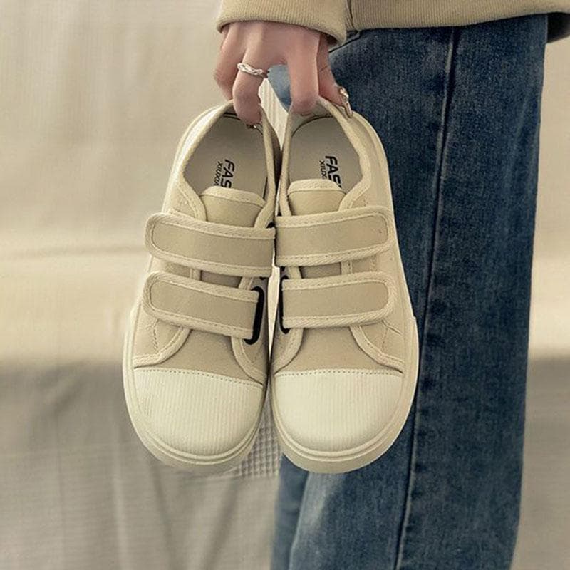 WTEMPO Retro Magic Tape Casual Shoes Women's Round Toe Flat Heel Soft Comfortable Versatile Fashion Student Canvas Board Shoes Dropshipping Wholesale 35 beige