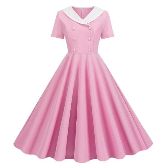 Women Prom Party Dress Vinatge 50s Evening Dress A-line Big Swing Short Sleeve V Neck Button Decor Fake Double-breasted Hidded Zipper Solid XL pink