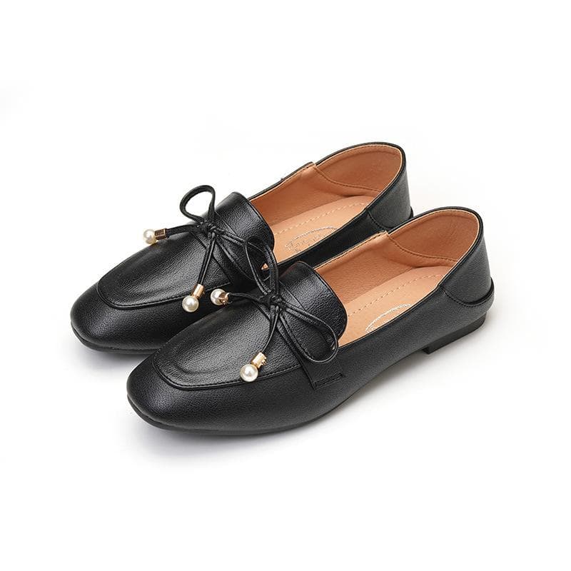 Flat Single Shoes Women's Spring New British Style Soft Leather Shoes One Pedal Two Wear Loafers 41 black