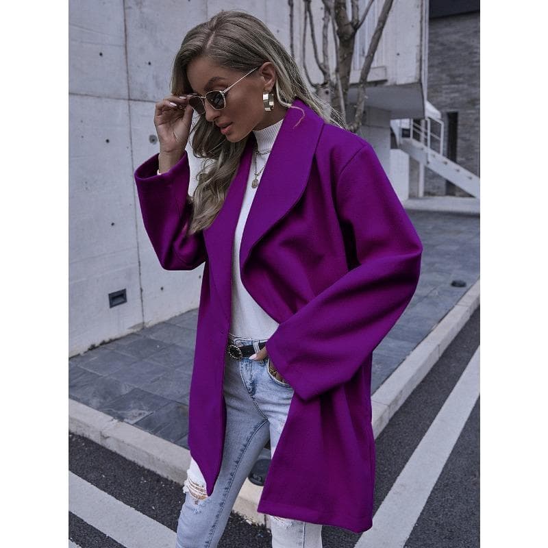 Women's Autumn and Winter Coats Fashionable Lapel Long Woolen Coat for Women M purple