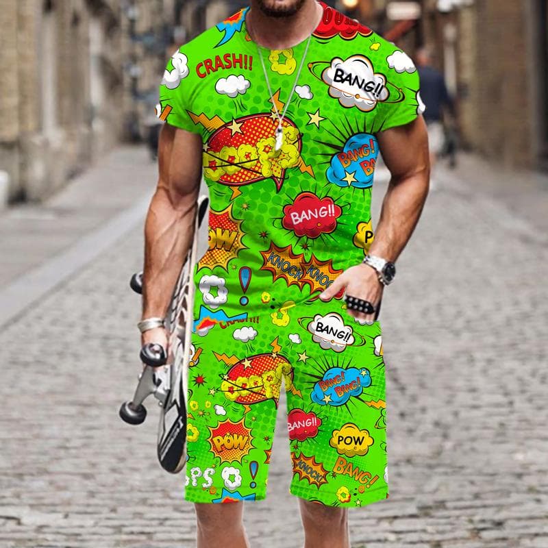 Summer Men's T-Shirt Set Hip Hop Funny Short Sleeve T-Shirt Shorts 2-piece Tracksuit Colorful Casual Sports Suit Unisex Clothing XL