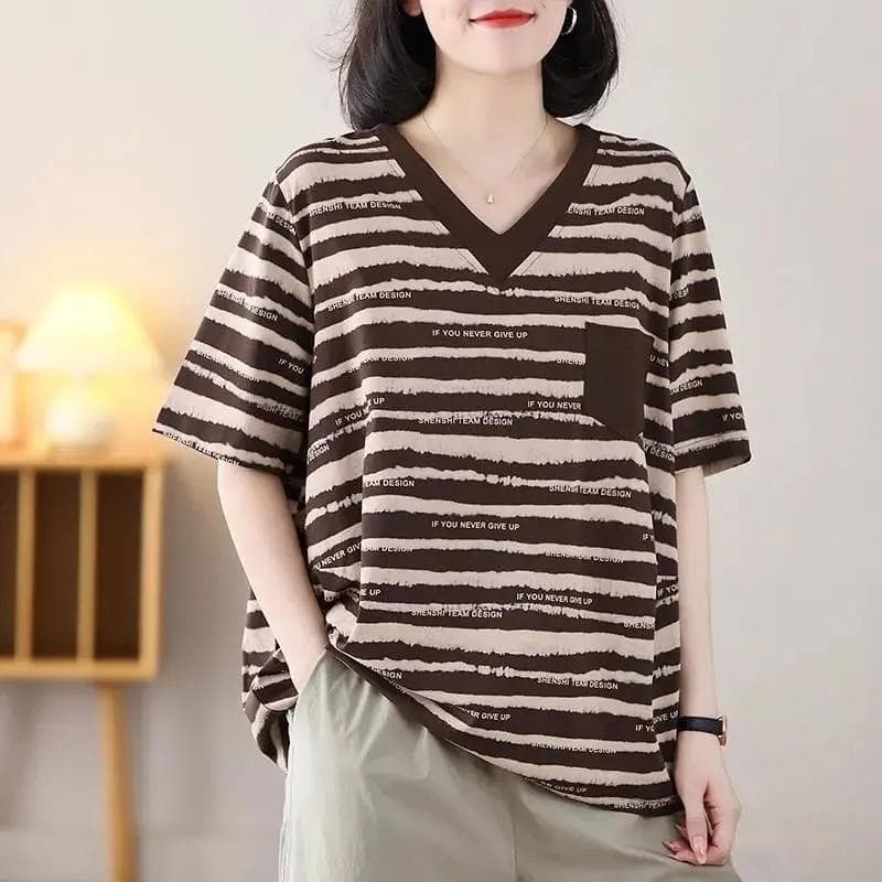 Large Striped Short Sleeved Women's V-neck Casual Versatile Loose Temperament Artistic Summer T-shirt for Women XXXXXL