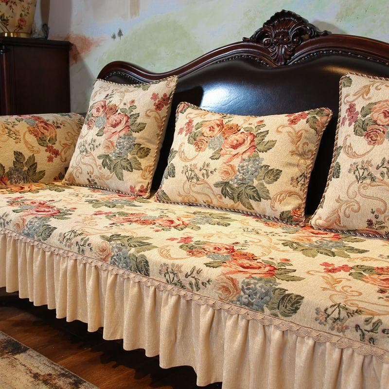 Embroidered Irregular Edge Sofa Cover Chenille Non Slip Sofas Towel Pillowcase European Style Red Green Sofa Cushion with Hem 90x150cm 1pcs