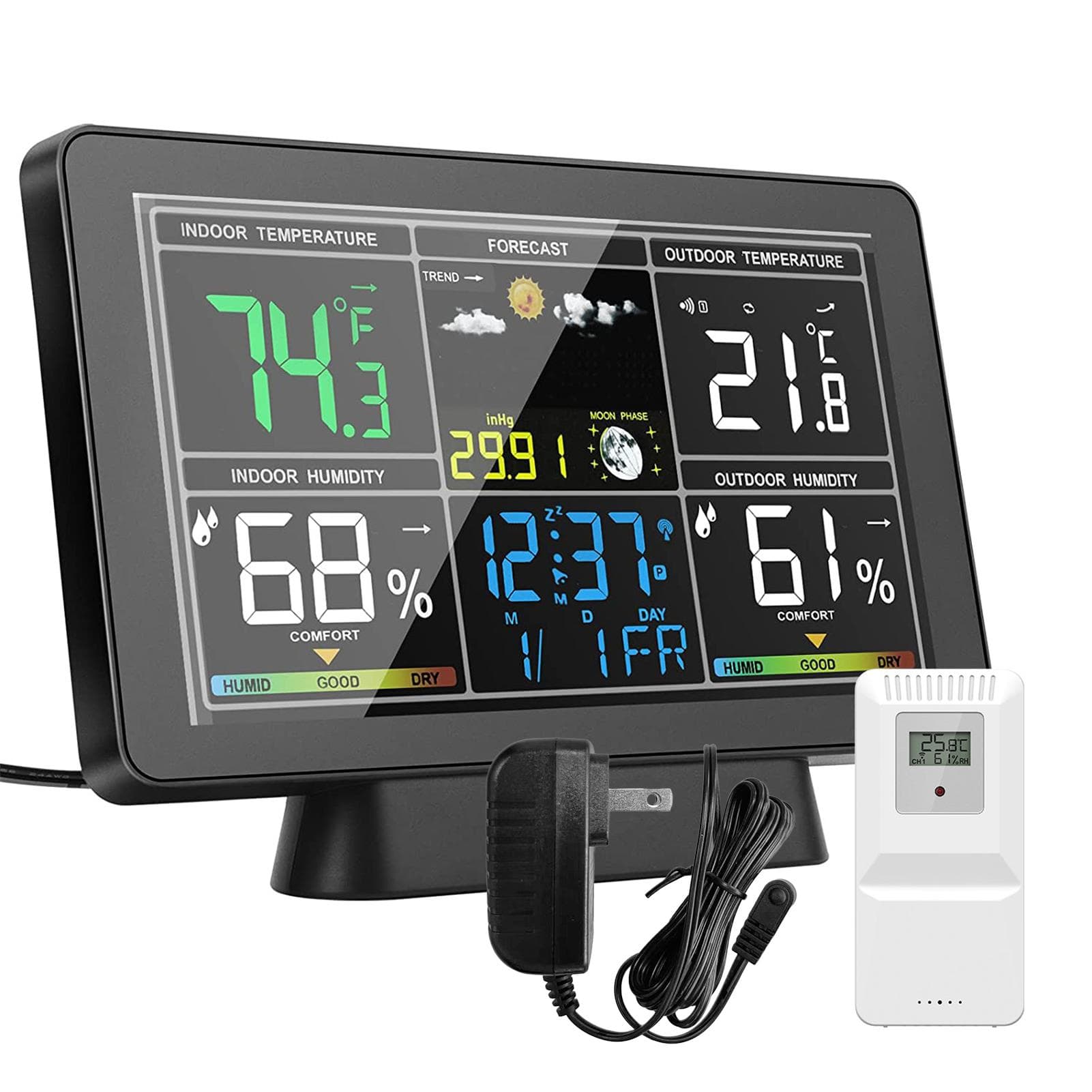 Color Screen Smart Weather Station, Temperature and Humidity Meter Weather Clock with Moon Phase US Plug black