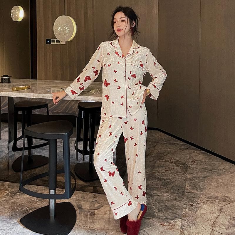 New High Style Pajamas Women's Spring and Autumn Long Sleeve Sweet Cardigan Outwear Home Clothes Winter XL
