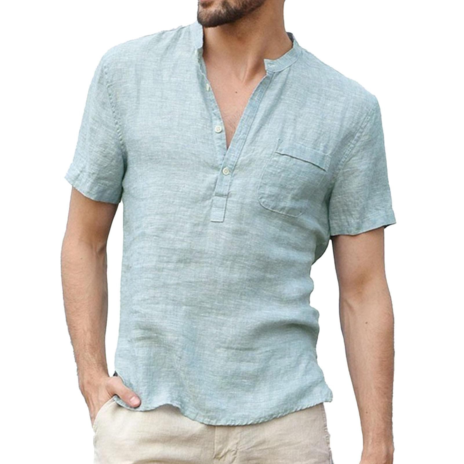 Men Short Sleeve T Shirt Half Front Opening Cotton Fabric Shirt Stand Collar Top for Summer Khaki M M(for 4-6.5kg) light blue