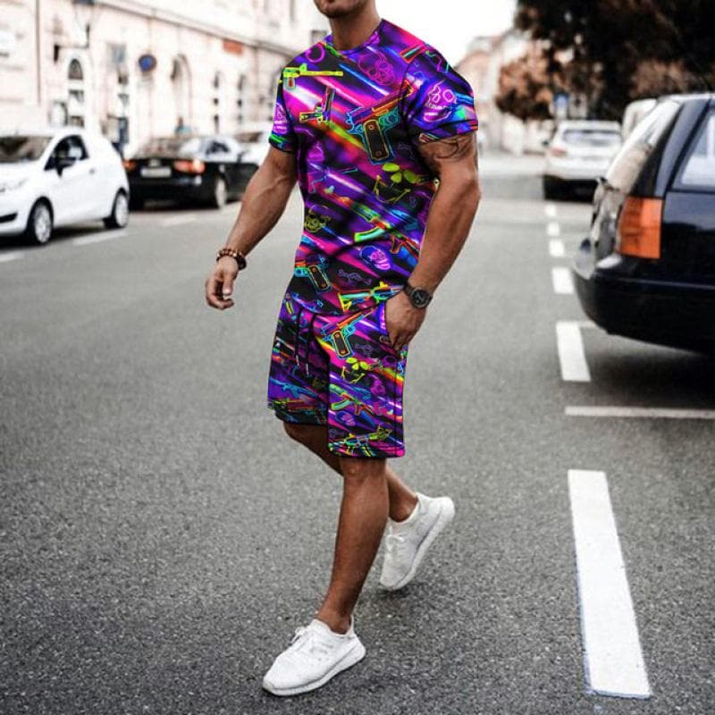 Male Casual Suit Fashion Summer Print T-shirt + Shorts 2 Piece Set O Neck Men's Sportswear Streetwear Tracksuit Men 4XL