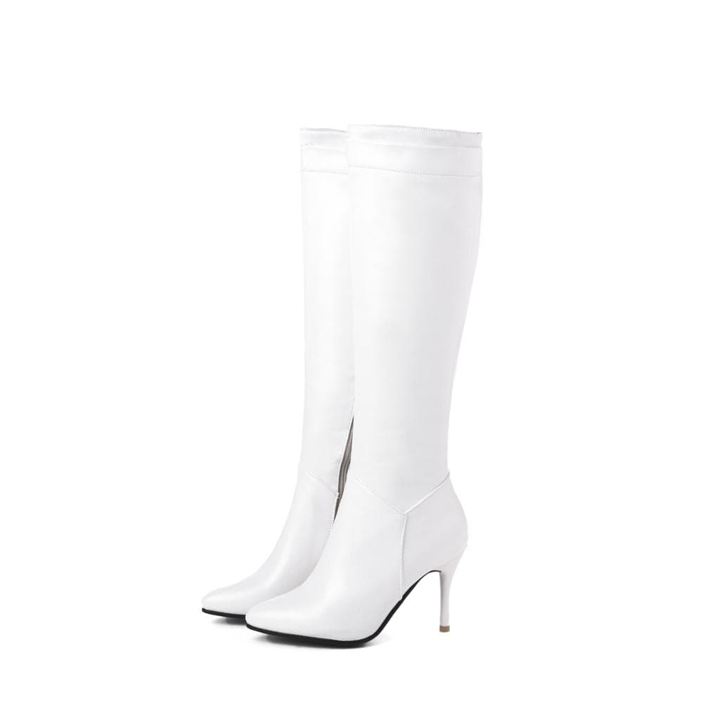 Classic Autumn Winter Knee High Boots Lady Fashion High Heels Boot Women PU Leather Black White Zipper Long Shoes Big Size 45 36 white