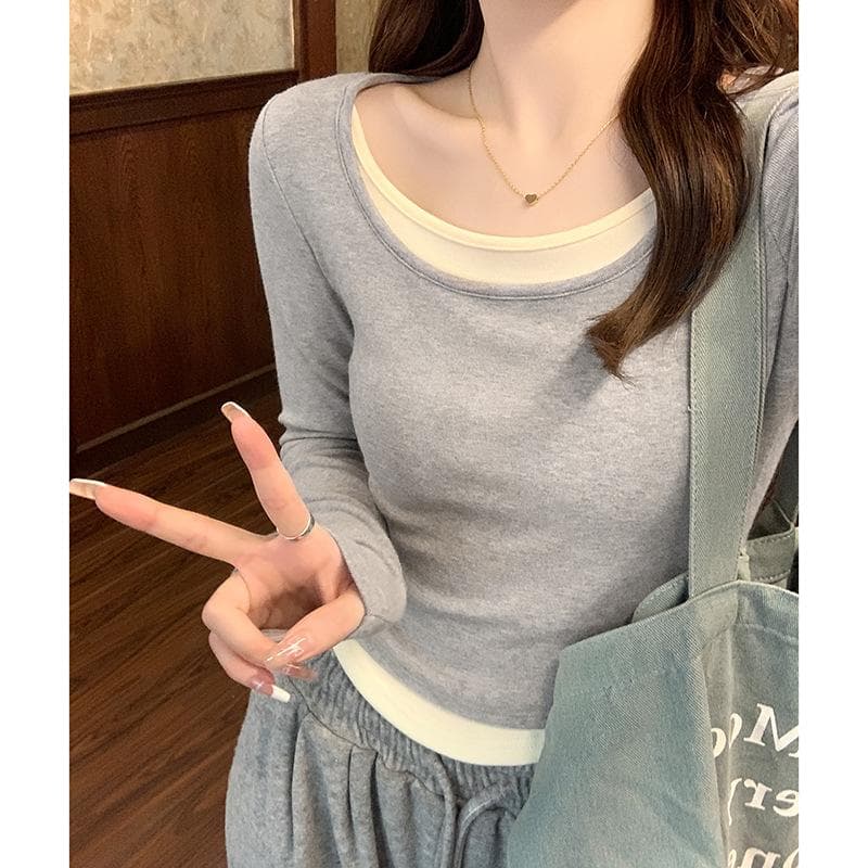 Two-piece Color-blocking Long-sleeved T-shirt for Women In Spring, New Slim and Pure Tops, Underwear, Base Shirt L