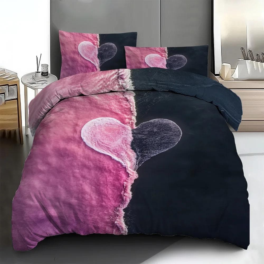3pcs Modern Valentine'S Day Heart Print Bedding Set - Soft Polyester Duvet Cover and Pillowcases, Machine Washable, for Home Bed EU Single135x200cm