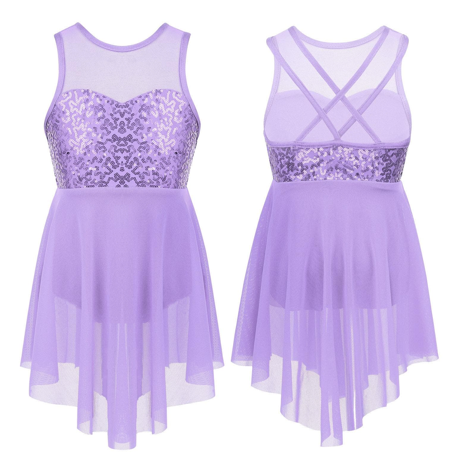 Kids Girls Ballet Dance Leotard Dress Sequins Criss-Cross Back Irregular Hem Lyrical Dance Costume Dress 11-12 Years lavender