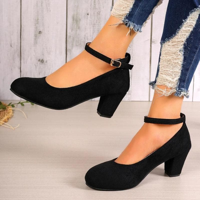 Women's Fashion Pumps Sweet Woman Thick High Heels Ankle Strap Flock Female Platform Mary Jane Women OL Shoes Ladies Footwear 38