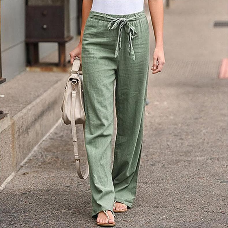 Women Solid Linen Pants Lace Up Elastic Waist Loose Wide Leg Trousers Summer Casual Long Pants Plus Size S-5XL M green