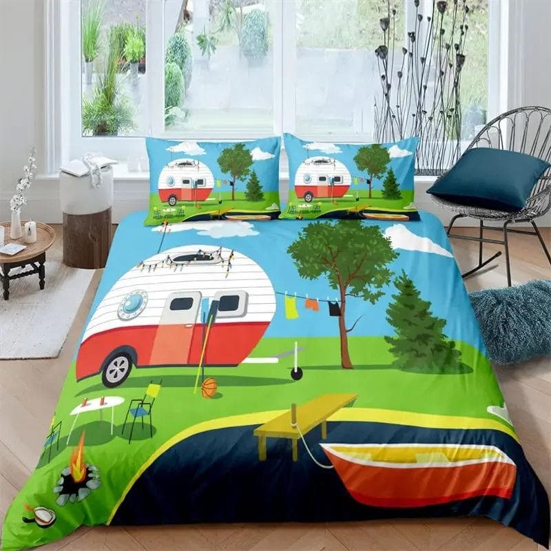 Happy Camping Duvet Cover Queen Cartoon Caravan Camping Bedding Set Farmhouse Style 3D Camper Comforter Cover With Pillowcases 155x220cm 3pcs