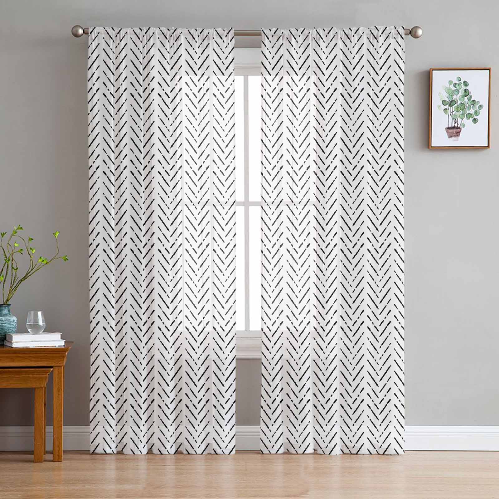 Modern Art Minimalist Line Texture Black Window Tulle Curtains for Living Room Bedroom Hotel Luxury Decoration Sheer Curtains 135W x 114H(cm)