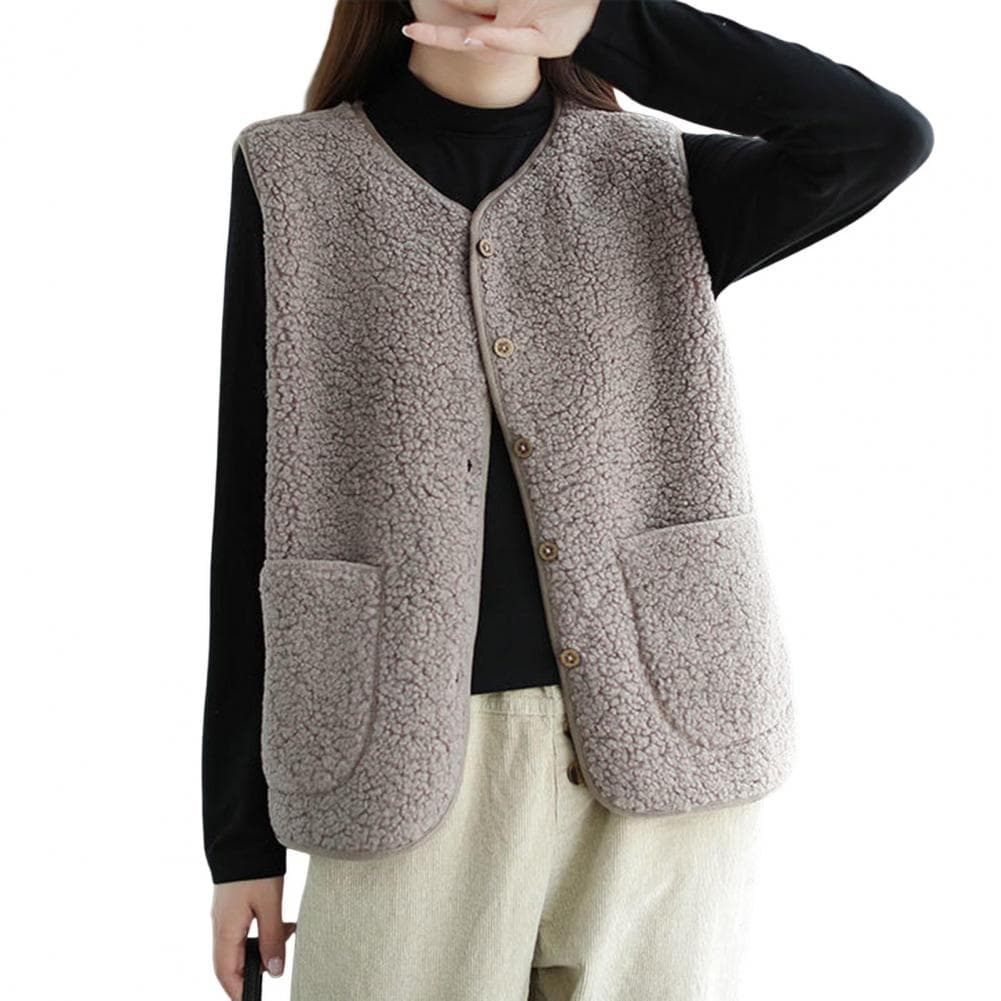 Fall Winter Women Vest Coat V Neck Fleece Single-breasted Double Pockets Sleeveless Cardigan Solid Color Daily Wear Office Waist L khaki