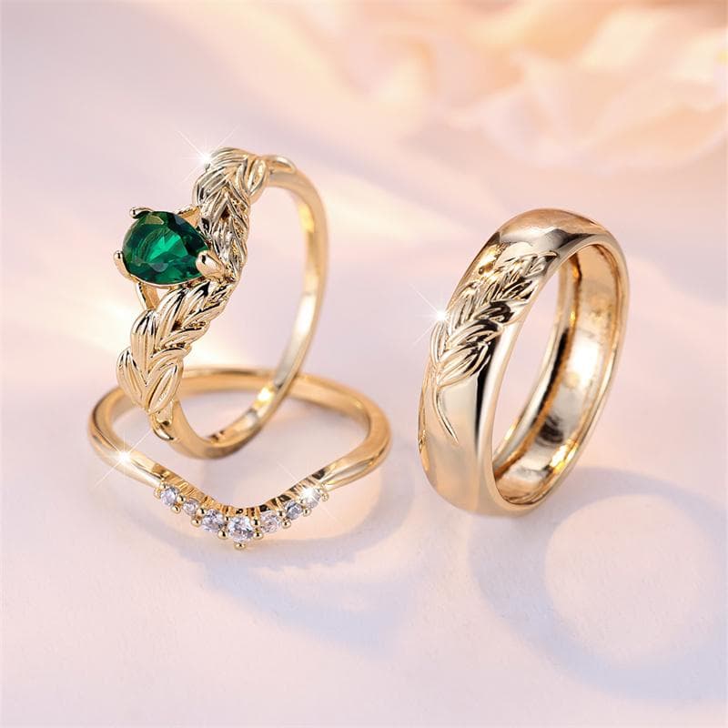 3 Pcs/set Teardrop Cut Green Stone CZ Claw Rings Set Golden Color Leaf Floral Jewelry Set Valentine's Day Gift 7