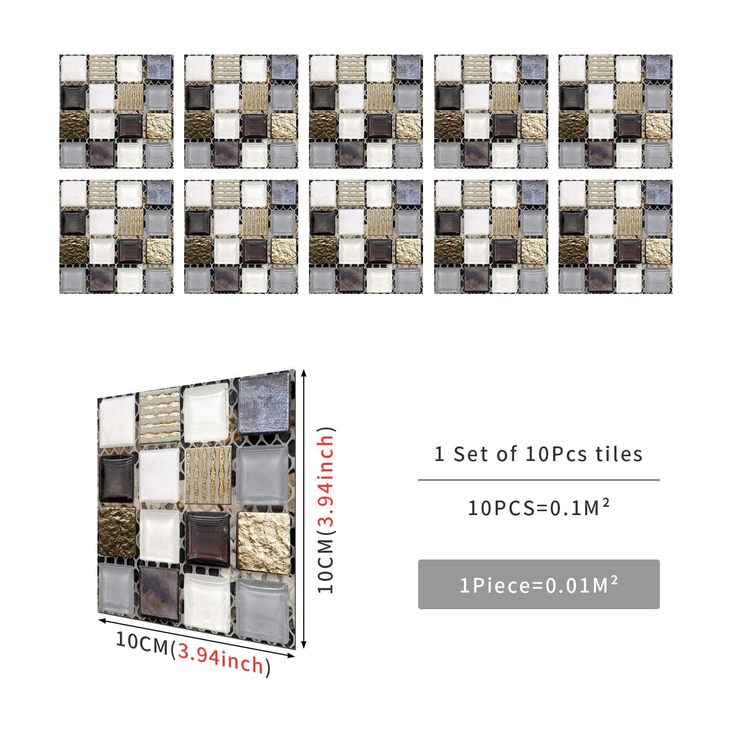 10pcs Mosaic Tile Sticker Waterproof Self-Adhesive Wall Decor for Kitchen & Bathroom - Oil Proof Wall Sticker 15X15cmX10Pcs