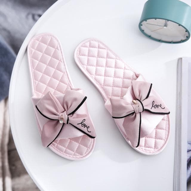 Women Indoor Silk Slippers Butterfly-knot Bowtie Light Comfy Flats Open Toe Home Slides House Causal Fashion Cute Shoes 39-40